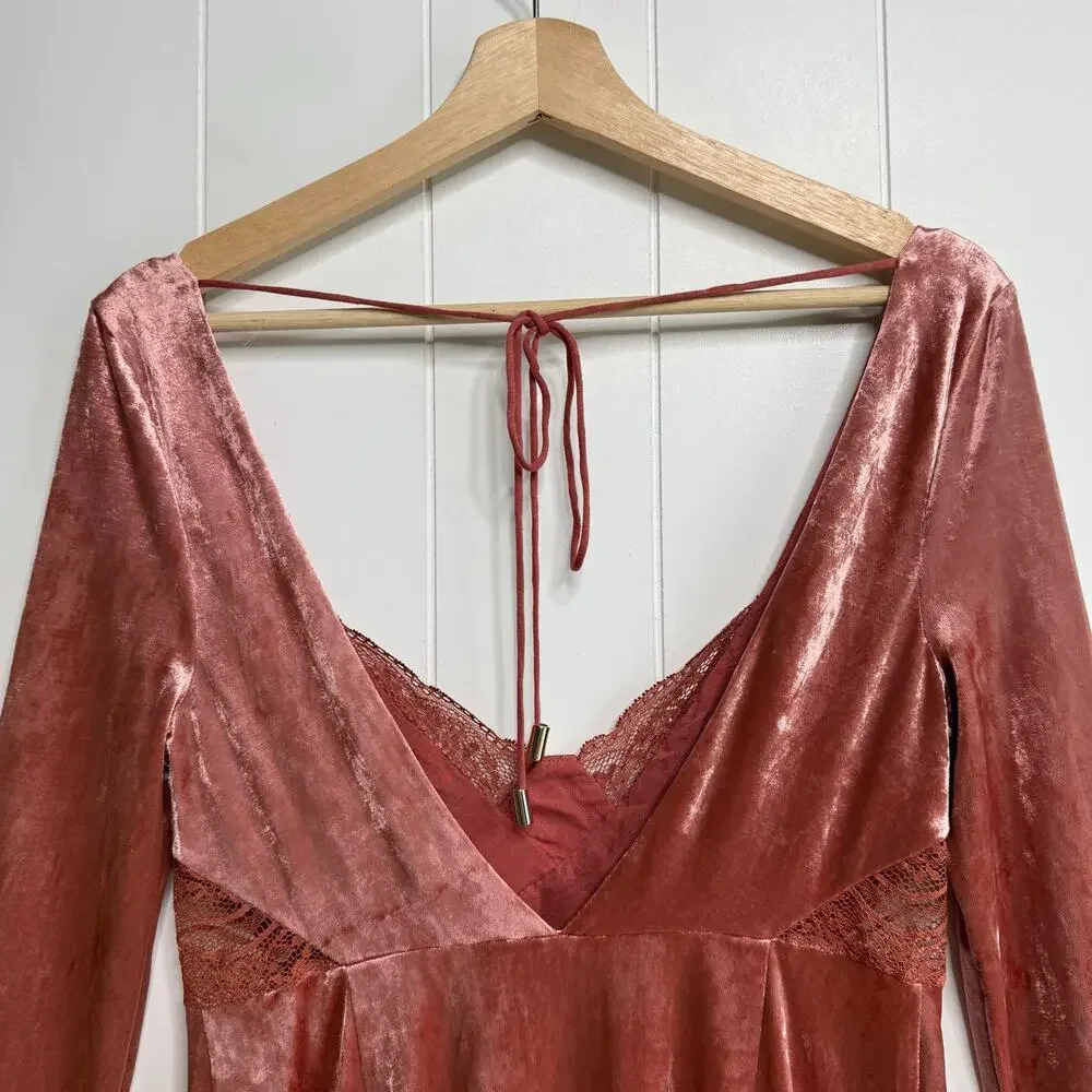 Free People mini dress velvet babydoll floral lace boho XS